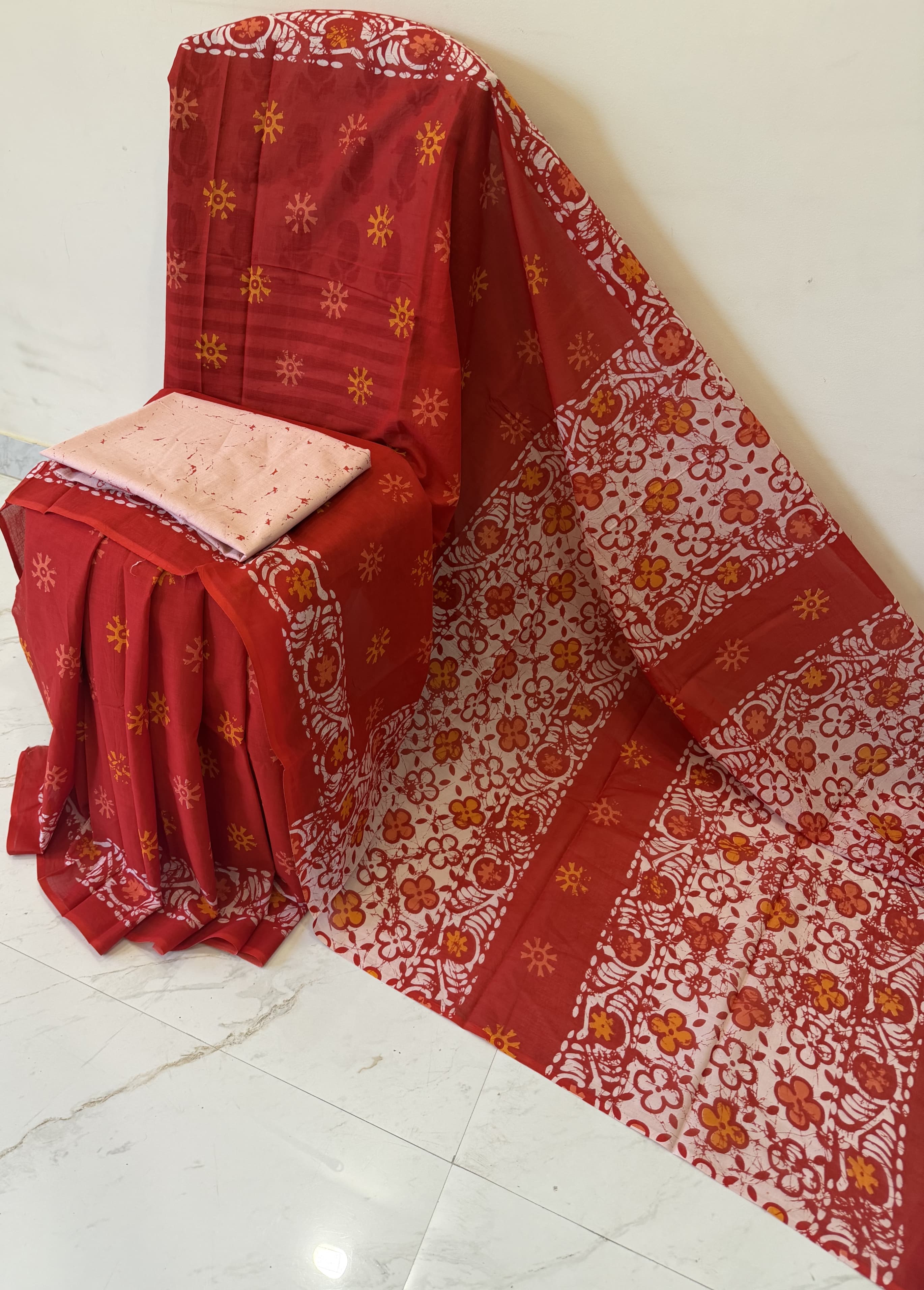 Cotton mulmul handblock printed saree wholesale in red Ajrakh design